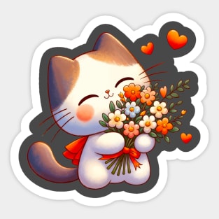 Adorable Love Cat T-Shirt, Happy Kitten with Flowers Tee, Cute Feline Embracing Bouquet Top, Heartwarming Cat Lover Shirt Sticker